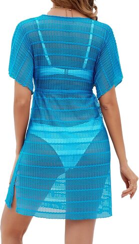 YYA Women Short Sleeve Swimsuit Beach Cover Up Shirts V-Neck See Through Coverups Dress XS-XL in Saudi Arabia