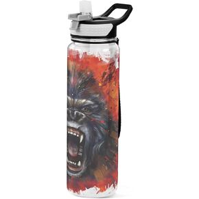ALAZA King Kong Furious Sport Water Bottle with Straw Lid 32 oz Clear Bottle BPA Free Tritan Plastic Leakproof Jugs Large Flip Top for Kids Boys Girls