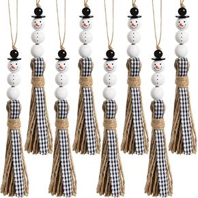 Snowman Wooden Beads Hanging Ornament Christmas Snowman Beads Garland Farmhouse Wooden Christmas Tree Ornaments with Plaid Tassel for Christmas Hanging Decorations (Black and White, 12)