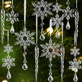FOIMAS 25pcs Christmas Snowflake Icicle Ornament,Pink Acrylic Icicle Snowflake Drop Pendant Crystal Hanging Ornaments with Ribbon for Christmas Tree Home Decoration