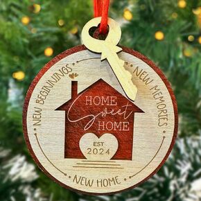 New Beginnings New Memories New Home 2024 Wooden Ornament - Family House Warming Gifts New House Ideas, Our First Christmas New House Engraved Ornaments, 1st Xmas Couple Newlywed Just Married Wedding