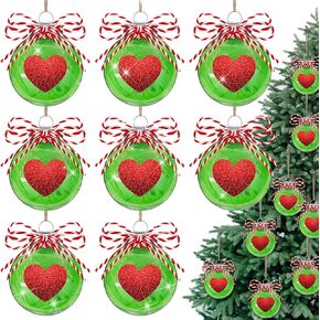 Syhood 8 Pcs Lime Green Christmas Heart Ornaments Christmas Tree Decorations Hanging Balls 2.36 Inch Heart Shape Glittering Christmas Ball Decor for Xmas Tree Anniversary Wedding Party