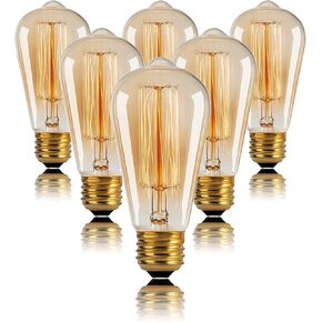 ST64 Edison Bulb 60W 6 Packs, 110-130 Volts, E26/E27 Base Dimmable, Retro Edison Bulb 6 Packs, 2200k Amber Warm Yellow, Decorative Antique Filament Bulb Household Lighting Fixtures