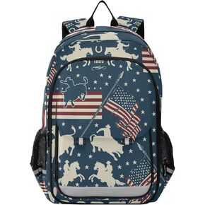 Cowboys Riding Bulls Horse Riders American Usa Flags Backpack School Bag Lightweight Laptop Notebook Tablet Backpack Students Travel Bookbag with Reflective Stripes