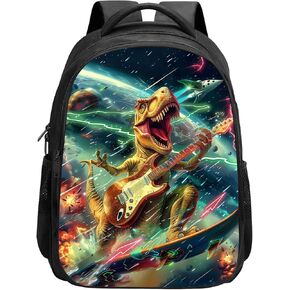 SARA NELL Kids Backpack for Boys, Boys Backpack Dinosaur, Cool Dinosaur Play Guitar in Galaxy Backpack, Space Storm with Planet Rocket Lightning Backpack, T-rex Dino Elementary School Backpack,16 Inch