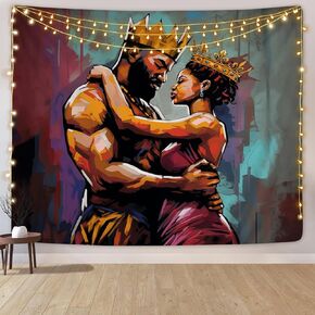 SARA NELL Black Couple Tapestry African American Couple Lovers Oil Painting Tapestries African King and Queen Wall Art Hippie Bedroom Living Room Dorm Wall Hanging Throw Bedspread, 50"x60"