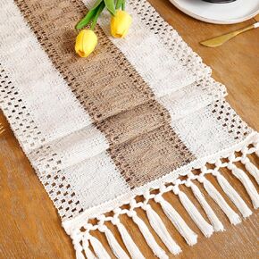 Tosleo Boho Table Runner 12×120 Inches Long with Tassels Khaki Striped Farmhouse Rustic Table Runner for Dining Wedding Party（One Piece）