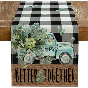 GEEORY Eucalyptus Spring Table Runner 13x72 Inch Black Buffalo Plaid Check Truck Summer Runners Farmhouse Rustic Holiday Kitchen Dining Table Decoration for Indoor Outdoor Dinner Party Décor GT090 in Kuwait
