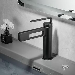Matte Black Bathroom Faucet Modern Unique Design, SHUNLI Single Hole Bathroom Sink Faucet, Contemporary Black Bathroom Faucet for Sink, Solid Brass