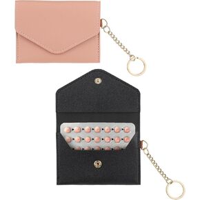 2 Pack Birth Control Pill Case Sleeve Packet 4.3 X 3.2 Inch PU Leather Wallet Pill Holder Privacy Protection Birth Control Pill Wallet with Key Ring for Pill Card Organizer (Pink, Black)