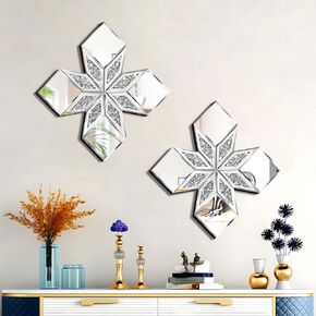 Crushed Diamond Mirror Wall Decor 2 Pack, 16.75x16.75" Diamond Shape Silver Wall Mirror for Living Room Dining Room Bedroom