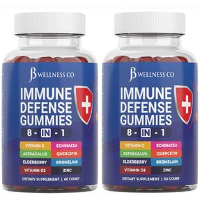 8 in 1 Immune Support Booster Supplement Gummies with Astragalus Root, Vitamin C and Zinc 50mg, Vitamin D 5000 IU, Turmeric Curcumin & Ginger, B6, Elderberry (2 Pack) (120 Count)