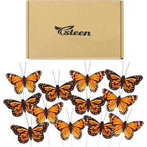 Ysleen 12 Set Monarch Butterfly Decorations Feather Butterflies Picks Butterflies for Spring Flower Arrangements Butterfly on Wire for Crafts Butterfly DIY Crafts Garland (Vibrant Color, 4x3 Inch)