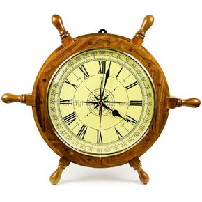 Nagina International 18" Nautical Hand Crafted Premium Ship Wheel Clock with Directional Pirate's Compass Dial Face | Home Decor Wall Clock Nursery Gifts & Collectibles