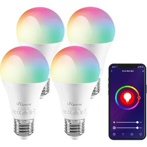 Smart A19 LED Smart, WiFi Light Bulb Compatible with Alexa Google Home, with Over 16 Million Vivid Color, Cool Warm White Dimmable, No Hub Required, 60W Equivalent, RGB+2700K-6500K, 4 Pack