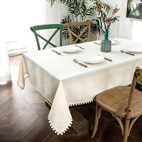 DriftAway Pom Pom Tassel Rectangle Linen Textured Decorative Table Cloth for Indoor Outdoor Dining Buffet Table Parities Dinner 55 Inch 102 Inch Light Linen