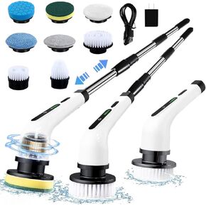 Electric Spin Scrubber, Cordless Cleaning Brush with IPX7 Waterproof ，8 Replaceable Brush Heads，Scrubber Shower Cleaning Brush with Adjustable & Detachable Handle for Bathroom, Tub,Tile,Floor,Car