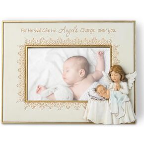 Grace4Joy Vineyard Carvings Baby Picture Frames - Baptism Photo Frame for Baby Girls or Boys, Hand Painted Guardian Angel Photo Frame Catholic Gifts for Newborn Baby Shower, Christening, Birthday