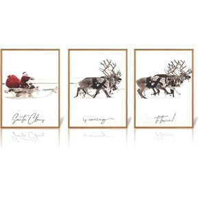Wall Christmas Decorations, Christmas Signs for Home Decor, Christmas Santa Claus with Sleigh Deer for Christmas Wall Art Prints, Set of 3 Xmas Pictures for Wall (11 x 14 inches, UNFRAMED)