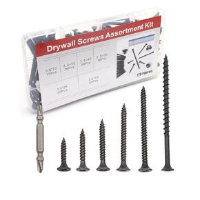 binifiMux Drywall Screws, #6#7 Black Wood Screws, Screws Assortment Kit, Coarse Thread Sheetrock Screws Set, Phillips Drive Self Tapping Dry Wall Screws,170 Pcs, 3/8"/ 1" / 1.2" / 1.56" / 2"/ 2.75"