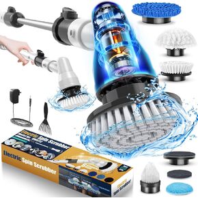 Electric Spin Scrubber, Cordless Spin Scrubber with 6 Replaceable Brush Heads and Adjustable Extension Handle, Power Cleaning Brush for Bathroom Floor Tile Car