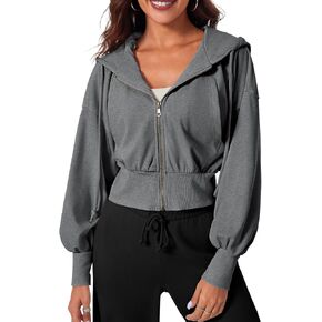 Fisoew Womens Zip Up Cropped Hoodies Casual Long Sleeve Loose Fit Drawstring Hooded Sweatshirt with Pockets