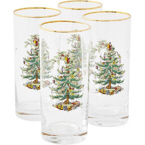 Spode Christmas Tree 15oz أكواب Highball، مجموعة من 4 - أواني زجاجية أنيقة ذات طابع عطلة بإطار ذهبي، أدوات شرب للعطلات الاحتفالية لحفلات عيد الميلاد، ونخب رأس السنة الجديدة، والمناسبات الاحتفالية