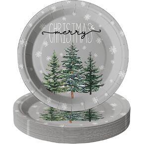 Horaldaily 40Pcs Christmas Paper Plates, Grey Christmas Pine Trees snow Plates for Party Birthday Holiday Dinner Event Disposable Tableware Supplies Decor, 9lnch