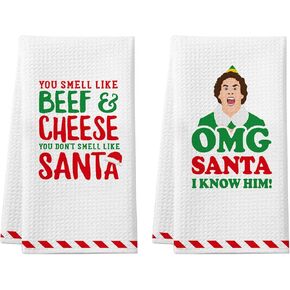 Funny Elf Christmas Kitchen Towels, 2 Pack Buddy The Elf Dish Towels, Cute Elf Merchandise Gift Hand Towels, Christmas Kitchen Bathroom Decorations, Novelty Xmas White Elephant Gifts for Women Men
