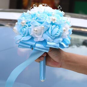 Handmade Wedding Bouquet Toss for Bride Bridesmaids Artificial PE Fake Rose Round Flower Bunch for Wedding Bridal Shower(Baby Blue & White, 7.9")