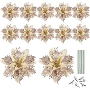 Toyvian Christmas Glitter Artificial Poinsettia Flowers- 12pcs Christmas Tree Flowers Ornaments- Xmas Party Decoration with 12pcs Stems and Clips (Red)