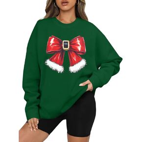KNEYATTA Christmas Sweatshirt Women Christmas Bow Sweater Cute Graphic Crewneck Xmas Shirt Holiday Pullover Tops
