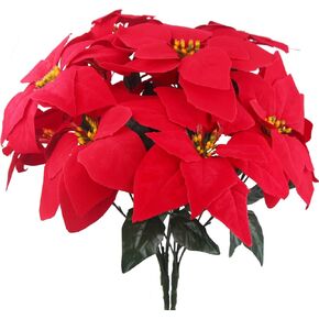 2 Pcs Poinsettias Artificial Christmas Flowers Red Poinsettia Bushes for Christmas Decor 7 Heads Fake Silk Poinsettia Flowers Velvet Bouquet for Home Xmas Tree Table Centerpiece Holiday