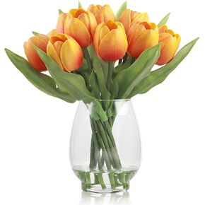 WELL KNOWN 12 Pcs Tulips Artificial Flowers in Vase, Real Touch Tulips with Vase with Upgrate Acrylic Water Flower Arrangements Centerpiece for Dining Room Table Decoration（Cream）