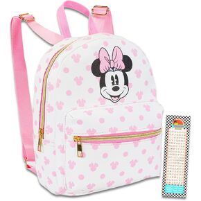 Minnie Mouse Mini Backpack for Women - 10" Faux Leather Minnie Mouse Backpack with Front Pocket Plus Bookmark | Minnie Backpack Purse Bundle