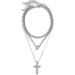 Hofar 3PC Dainty Stacked Cross Necklaces for Women, Cross Pendant, Silver Necklaces for Women