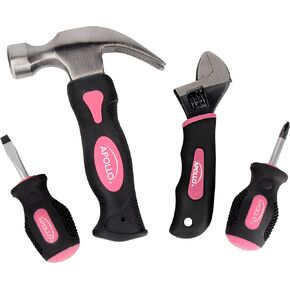 Apollo Tools 4 Piece Stubby Tool Set for Small Hands and Tight Spaces. Convenient and Compact Small Tool Set includes Mini Hammer, Mini Screwdriver Set and Mini Wrench - Red - DT0240