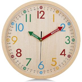 Lafocuse Wood Grain Colorful Wall Clock Easy to Read 12 Inch Silent Non Ticking, Fun and Cute Analog Clock Time Teaching for Classroom Bedroom Schoolhouse Game Room 30 cm