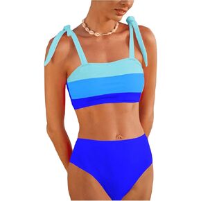 MakeMeChic Women's Color Block Bikini Set Tie Shoulder Swimsuit High Waist Bathing Suit