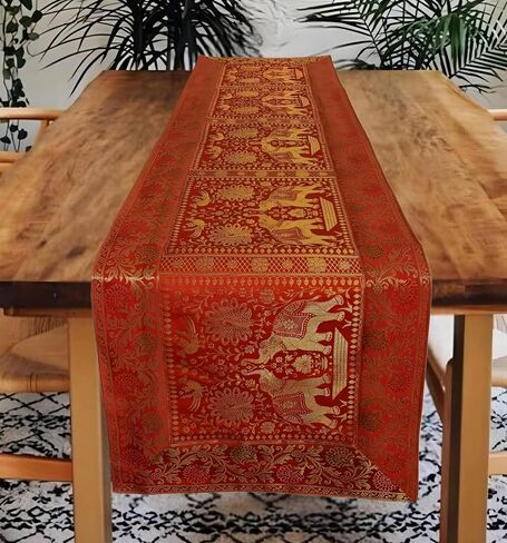 Elephant Design Table Runner 60 x 16 Inches Silk Decorative Ethnic Kitchen Table Cloth for Wedding Bridal Birthday Party Orange 1 in Saudi Arabia