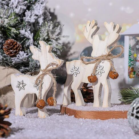 2 Pieces Reindeer Christmas Decor Christmas Deer Desk Decor Indoor Rustic Reindeer Standing Tabletop Decoration Wooden Deer Table Decor for Home Lawn Garden Decor (Yellow Bell) in Saudi Arabia