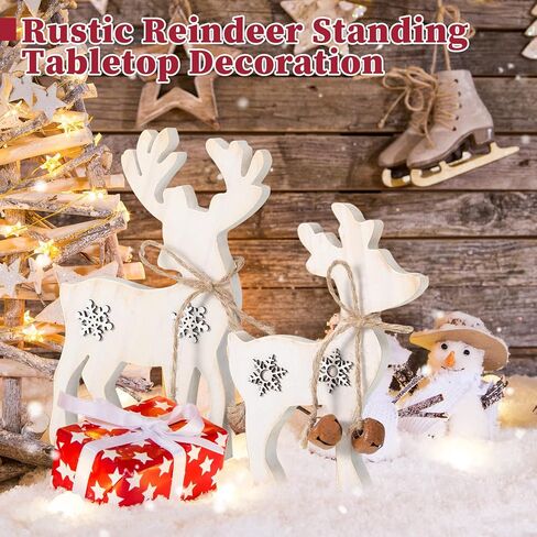 2 Pieces Reindeer Christmas Decor Christmas Deer Desk Decor Indoor Rustic Reindeer Standing Tabletop Decoration Wooden Deer Table Decor for Home Lawn Garden Decor (Yellow Bell) in Saudi Arabia