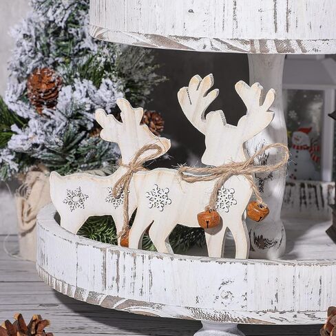 2 Pieces Reindeer Christmas Decor Christmas Deer Desk Decor Indoor Rustic Reindeer Standing Tabletop Decoration Wooden Deer Table Decor for Home Lawn Garden Decor (Yellow Bell) in Saudi Arabia