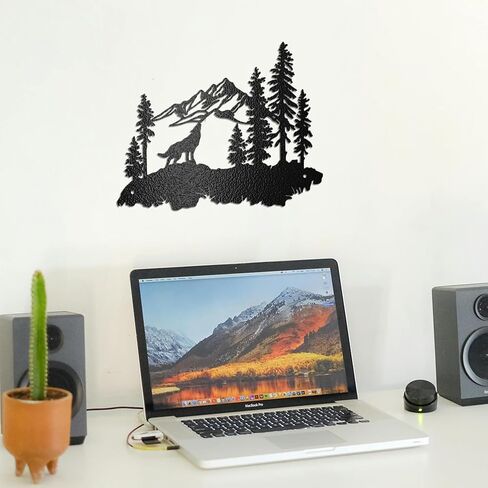 WADORN Metal Wolves Wall Art Decor, Black Iron Natural Scenery Wall Silhouette Sculpture Decor Wildlife Forests and Mountains Metal Wall Hanging Decor for Living Room Garden Bedroom, 11.8x9.5 Inch in Saudi Arabia