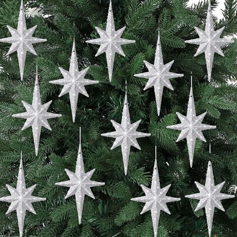 12 Pcs Christmas Bethlehem Star Ornament 4.72 x 2.95 Inch Star of Bethlehem Christmas Tree Topper Christmas Glitter Star Ornament Plastic Nativity Stars Hanging Decor Accessories(Silver) in Saudi Arabia