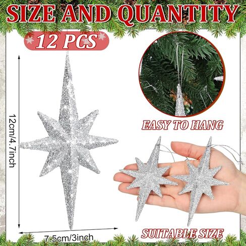 12 Pcs Christmas Bethlehem Star Ornament 4.72 x 2.95 Inch Star of Bethlehem Christmas Tree Topper Christmas Glitter Star Ornament Plastic Nativity Stars Hanging Decor Accessories(Silver) in Saudi Arabia
