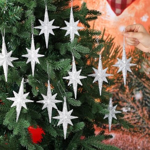 12 Pcs Christmas Bethlehem Star Ornament 4.72 x 2.95 Inch Star of Bethlehem Christmas Tree Topper Christmas Glitter Star Ornament Plastic Nativity Stars Hanging Decor Accessories(Silver) in Saudi Arabia