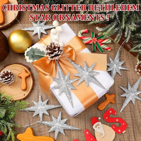 12 Pcs Christmas Bethlehem Star Ornament 4.72 x 2.95 Inch Star of Bethlehem Christmas Tree Topper Christmas Glitter Star Ornament Plastic Nativity Stars Hanging Decor Accessories(Silver) in Saudi Arabia