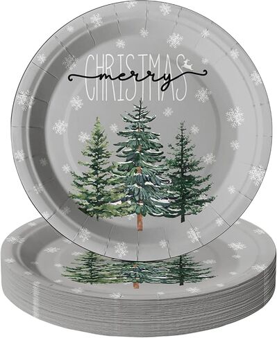 Horaldaily 40Pcs Christmas Paper Plates, Grey Christmas Pine Trees snow Plates for Party Birthday Holiday Dinner Event Disposable Tableware Supplies Decor, 9lnch in Saudi Arabia