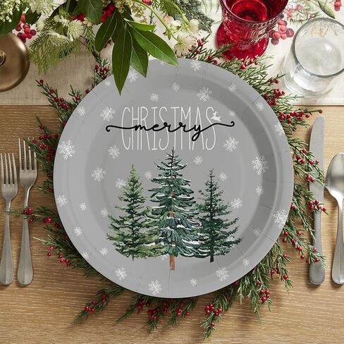 Horaldaily 40Pcs Christmas Paper Plates, Grey Christmas Pine Trees snow Plates for Party Birthday Holiday Dinner Event Disposable Tableware Supplies Decor, 9lnch in Saudi Arabia